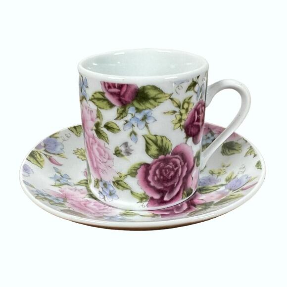 El Ganador Porcelain Floral 2 oz Demitasse Cup Saucer Pink Roses Small 2" Tall - Picture 1 of 13